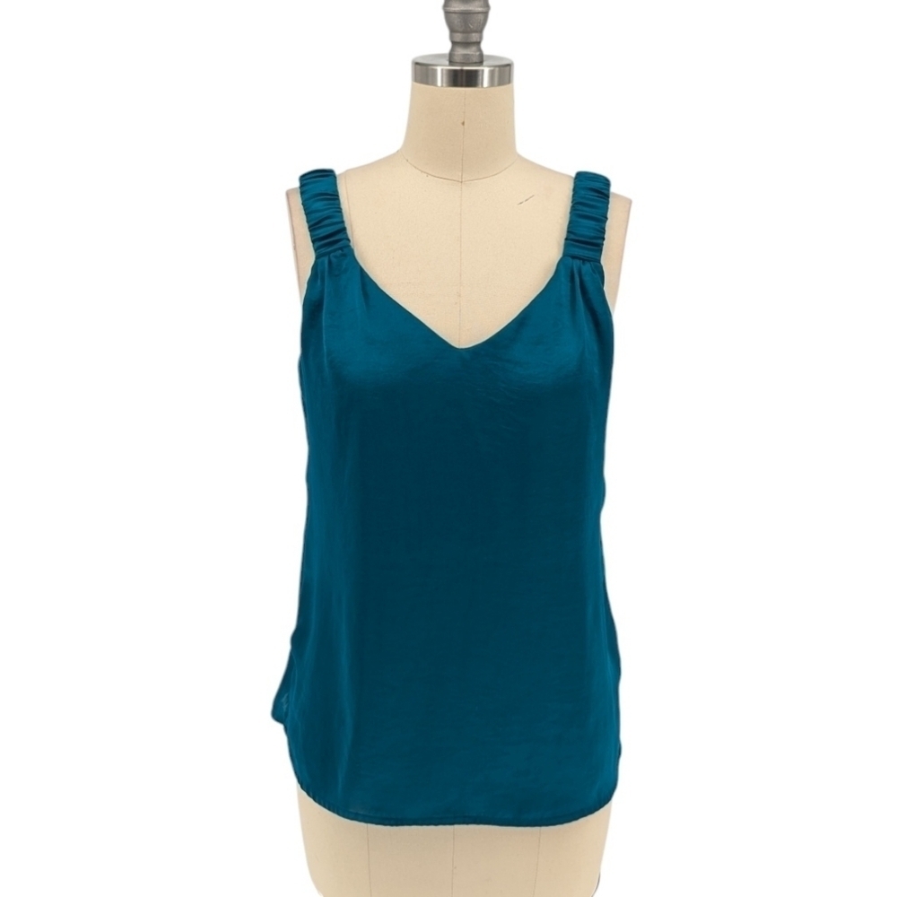Vince Camuto V Neck Satin Blouse Top Teal S Business casual preppy office